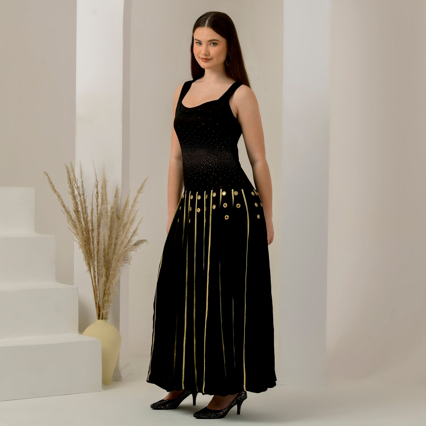 Black and Golden Embellished and Mirror Hand Embroidered Maxi Dress