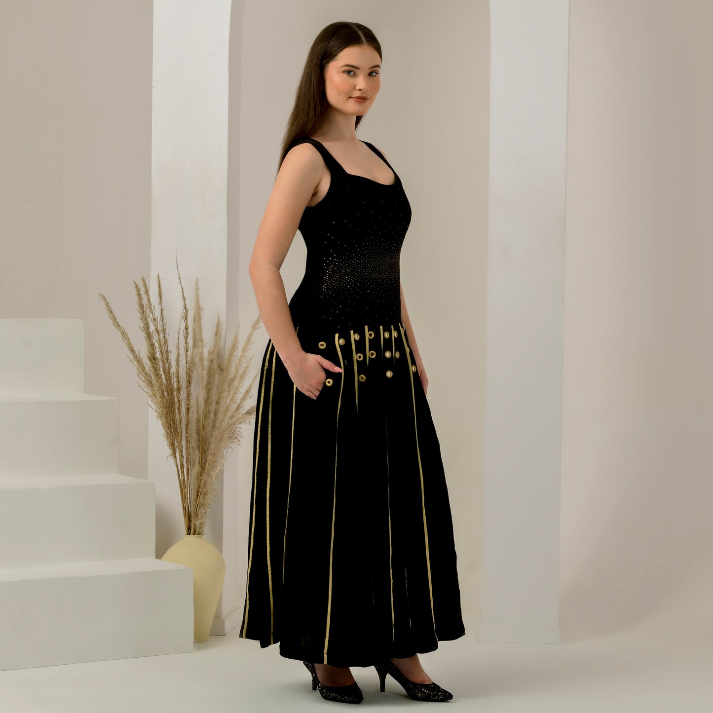 Black and Golden Embellished and Mirror Hand Embroidered Maxi Dress