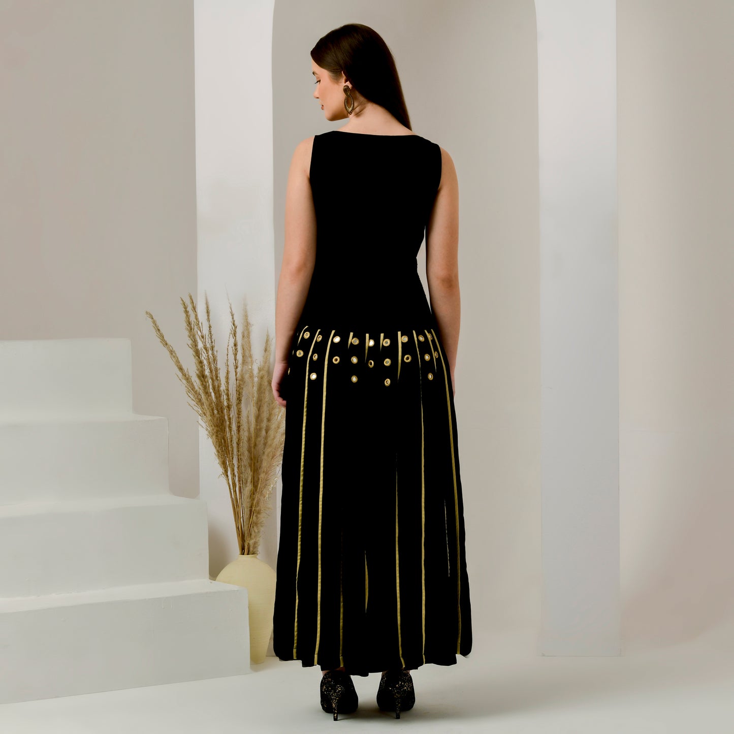 Black and Golden Embellished and Mirror Hand Embroidered Maxi Dress