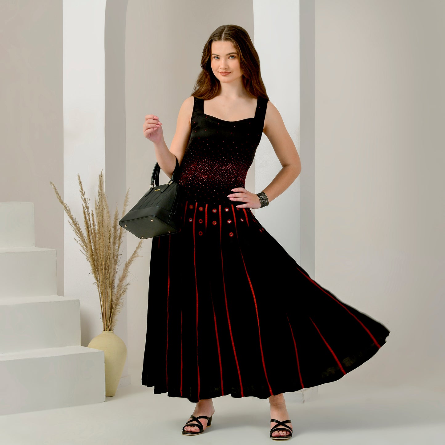 Black and Red Embellished and Mirror Hand Embroidered Maxi Dress