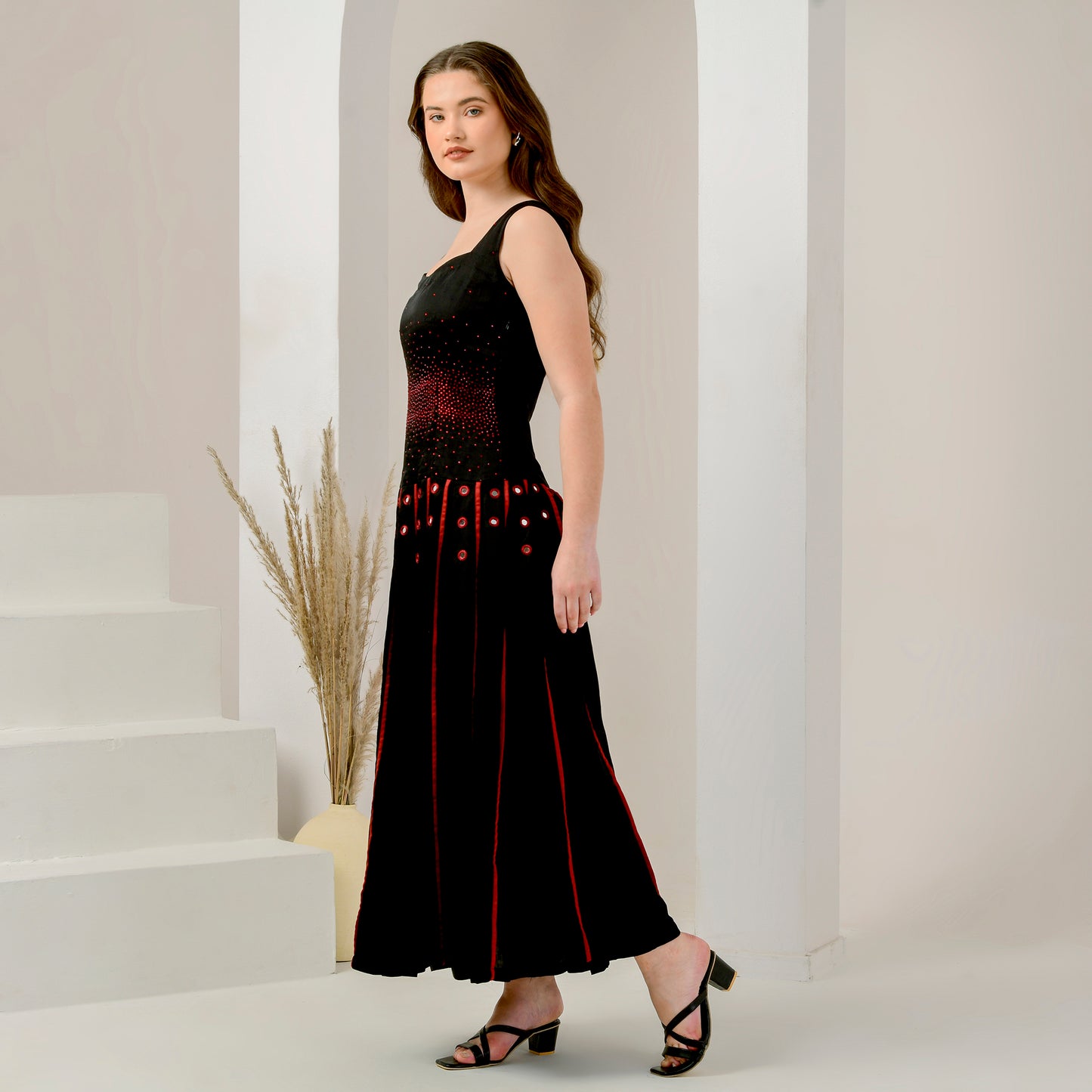 Black and Red Embellished and Mirror Hand Embroidered Maxi Dress