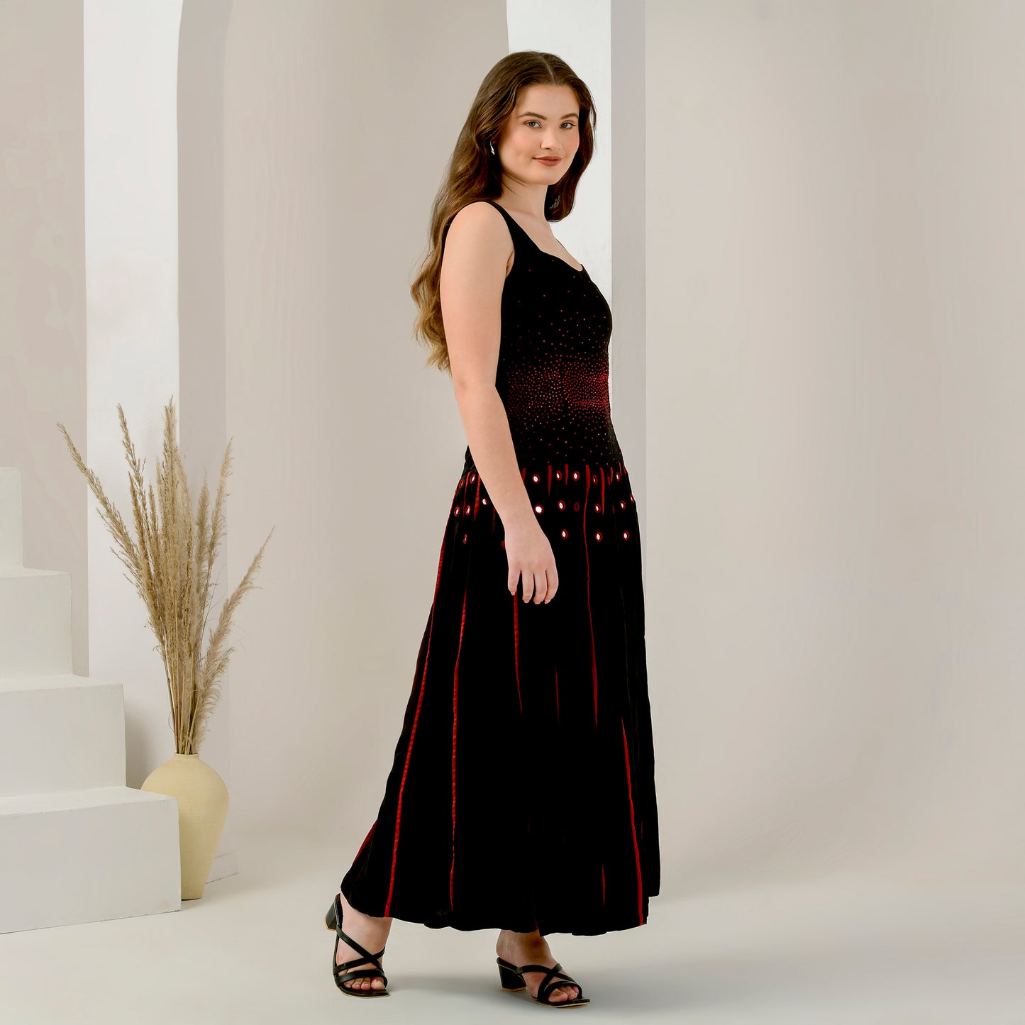 Black and Red Embellished and Mirror Hand Embroidered Maxi Dress