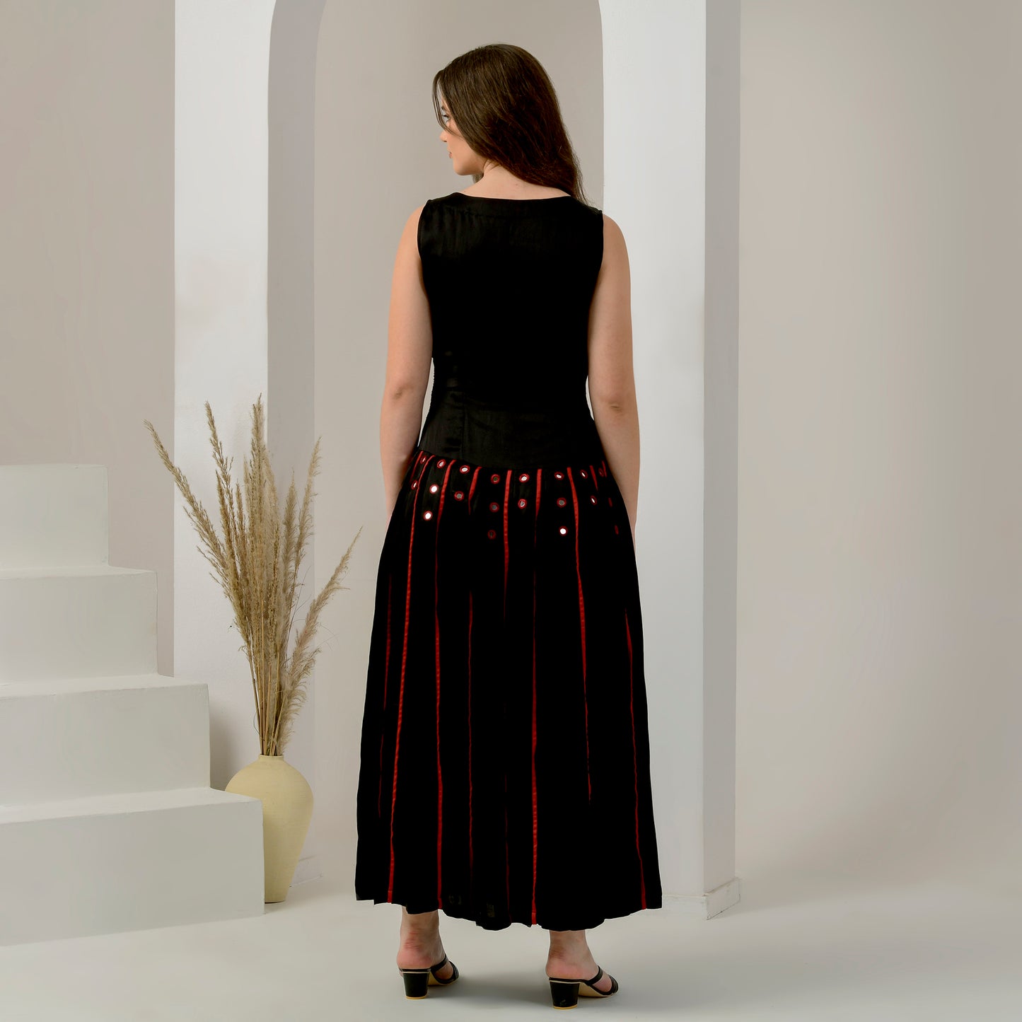 Black and Red Embellished and Mirror Hand Embroidered Maxi Dress