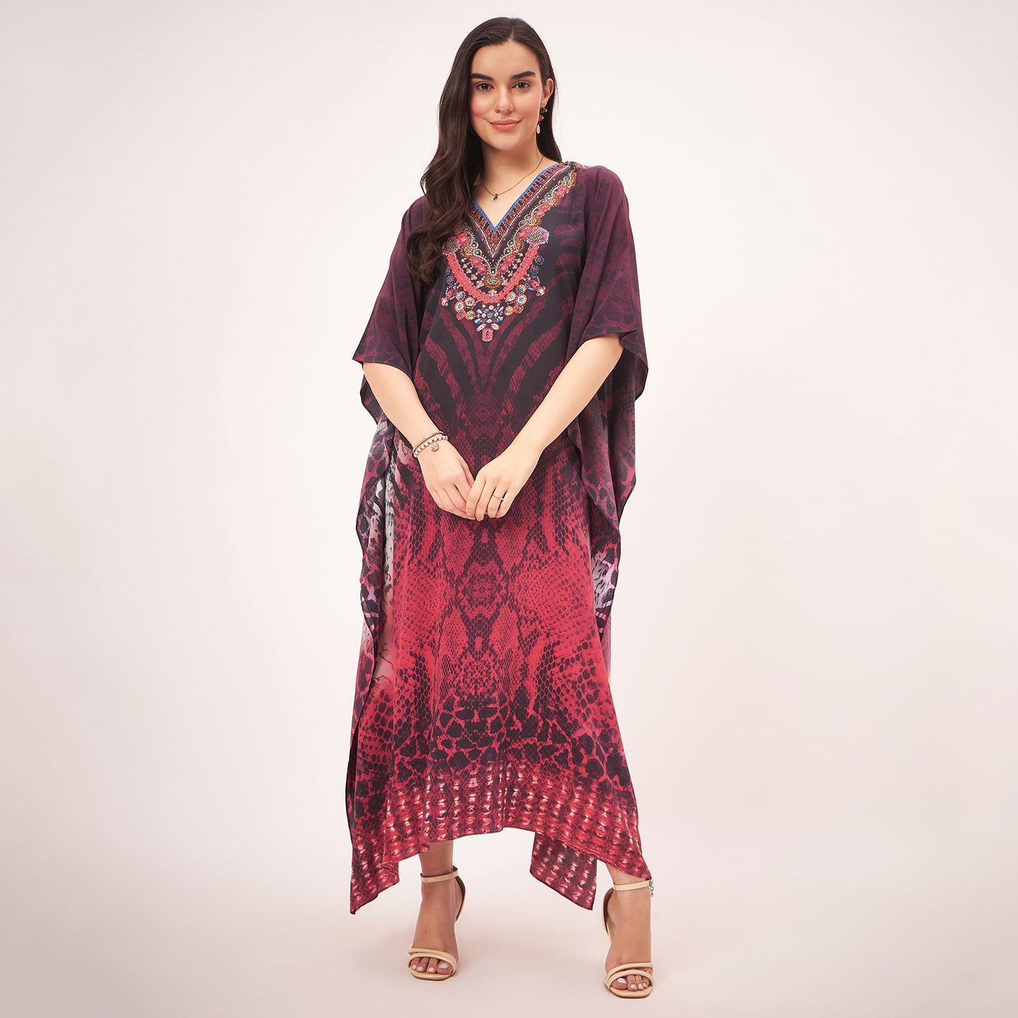 Red Python Print Embellished Silk Full Length Kaftan