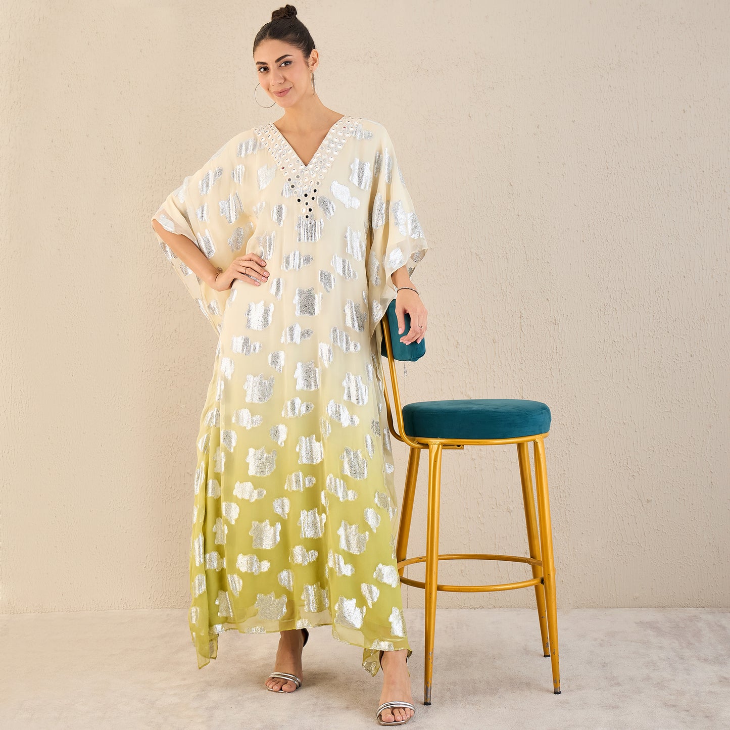 Off-White and Green Ombre Full Length Kaftan