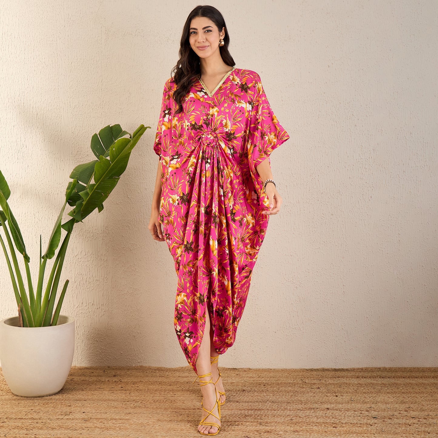 Fuchsia and Bronze Floral Full Length Kaftan