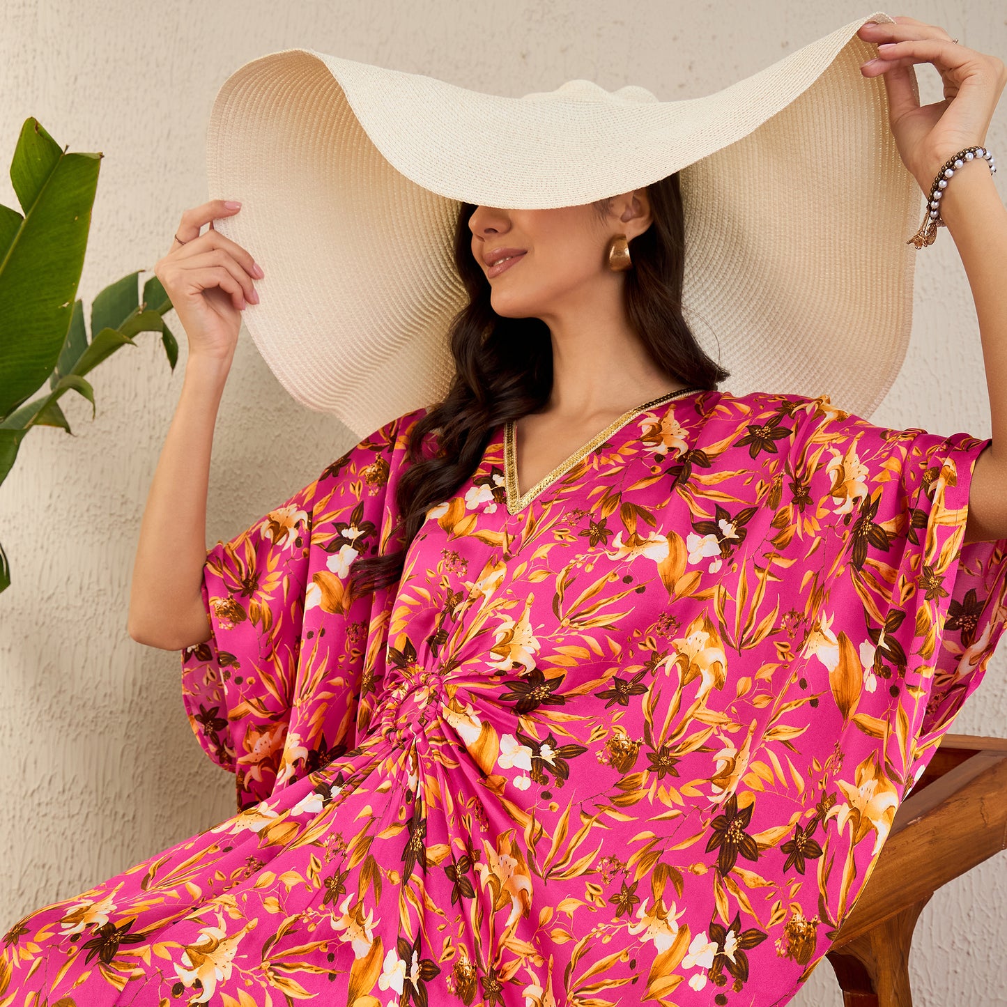 Fuchsia and Bronze Floral Full Length Kaftan