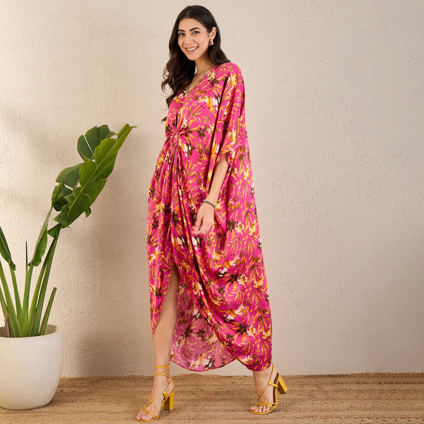 Fuchsia and Bronze Floral Full Length Kaftan