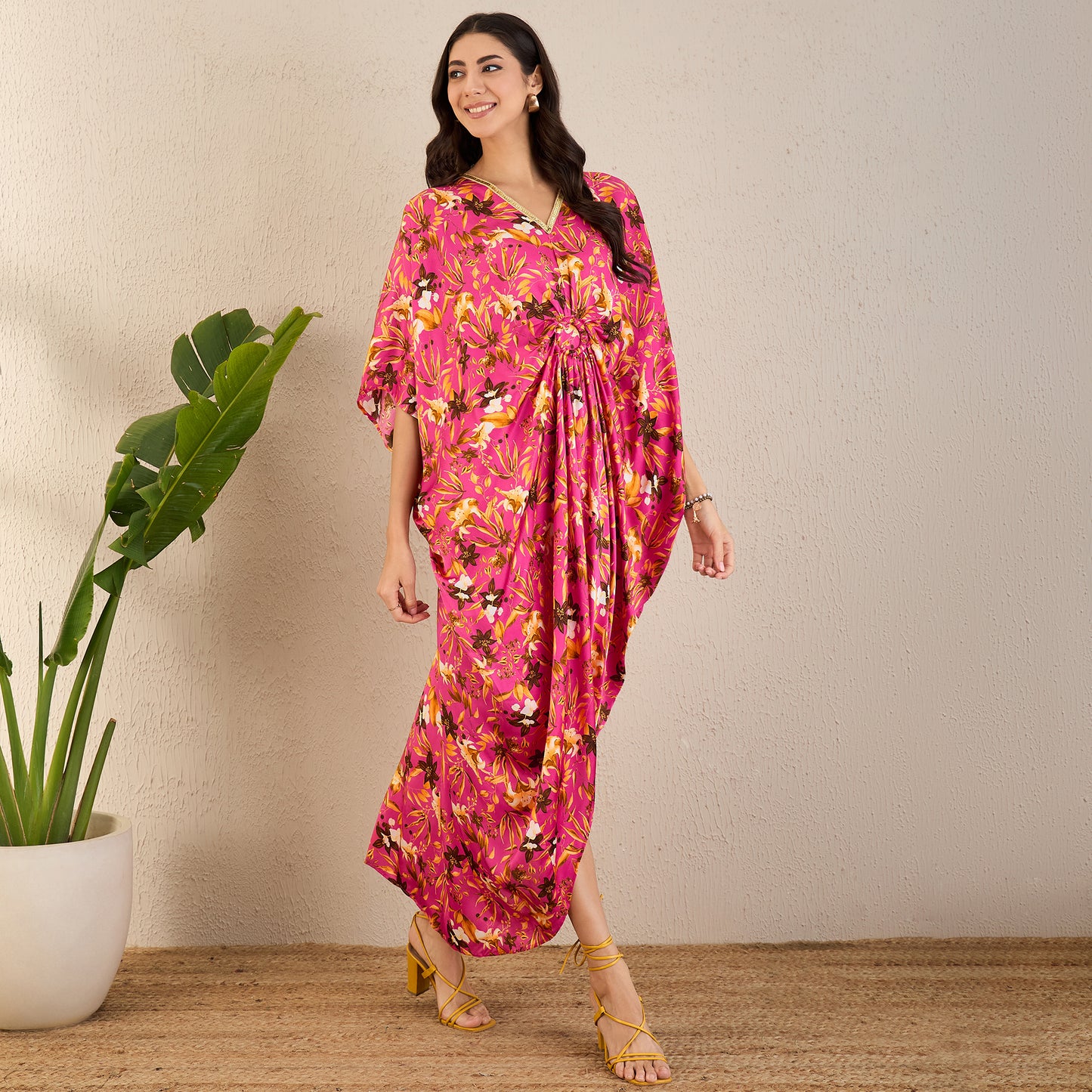 Fuchsia and Bronze Floral Full Length Kaftan