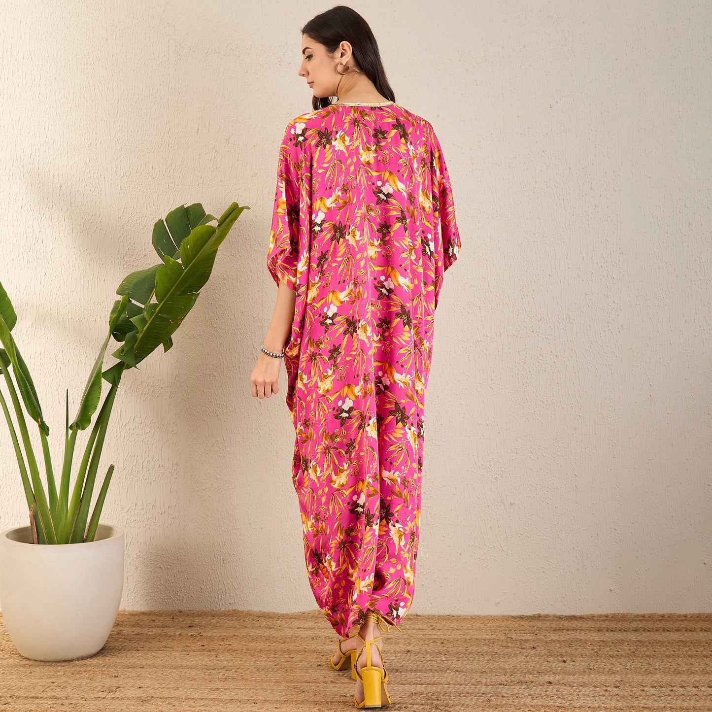 Fuchsia and Bronze Floral Full Length Kaftan