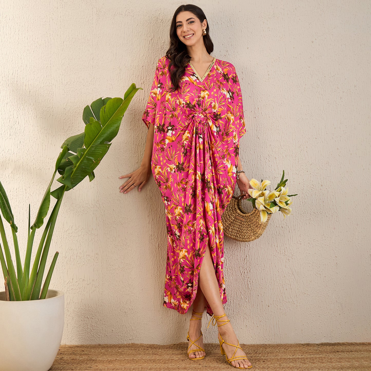 Fuchsia and Bronze Floral Full Length Kaftan