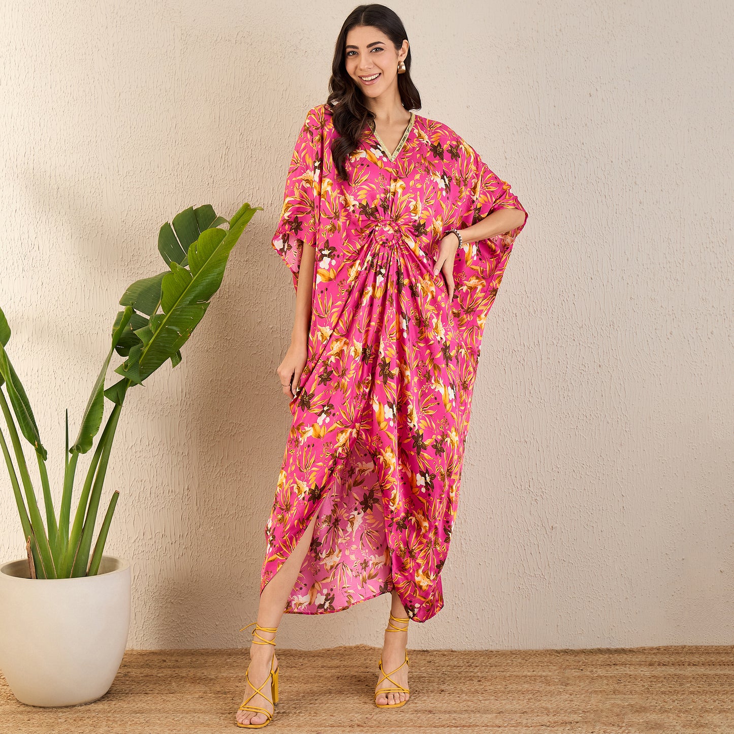 Fuchsia and Bronze Floral Full Length Kaftan