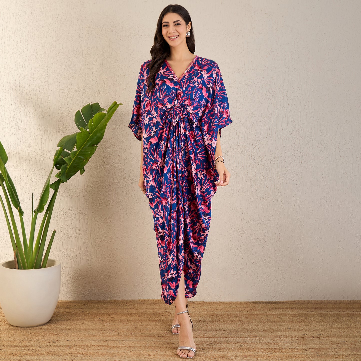 Midnight Blue and Scarlet Floral Full Length Kaftan