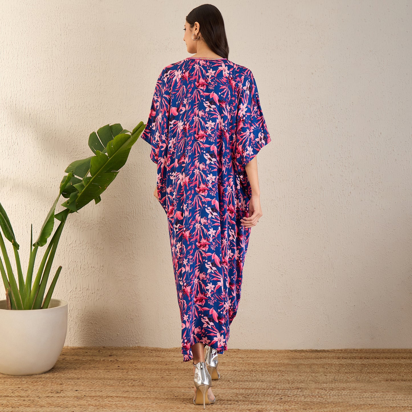 Midnight Blue and Scarlet Floral Full Length Kaftan