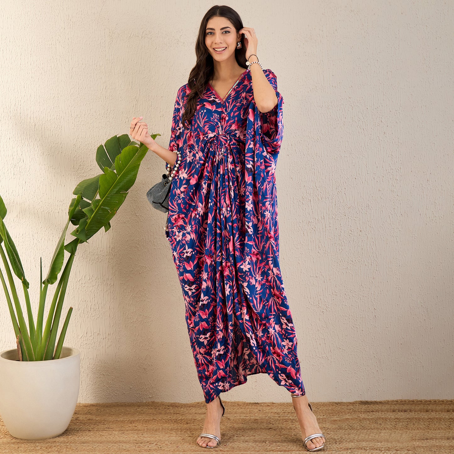 Midnight Blue and Scarlet Floral Full Length Kaftan