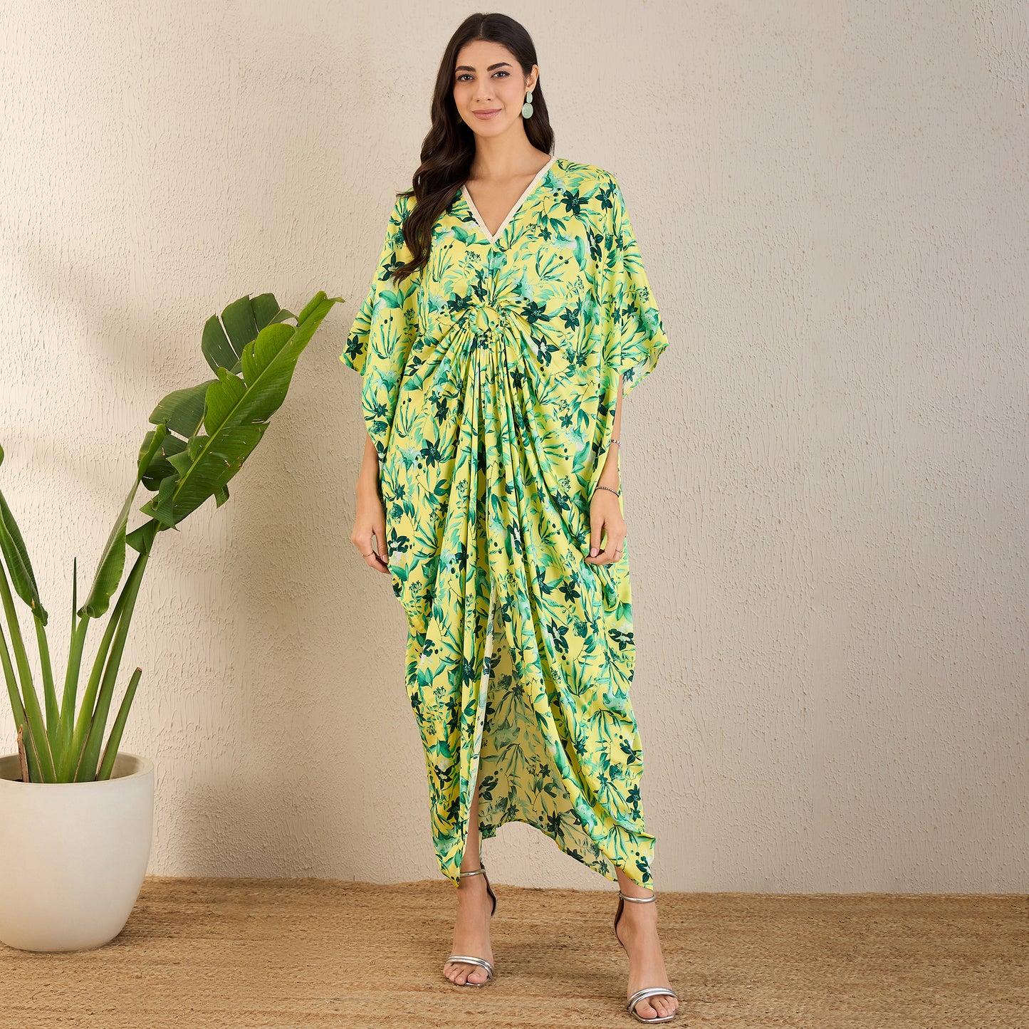 Yellow and Lime Green Floral Full Length Kaftan