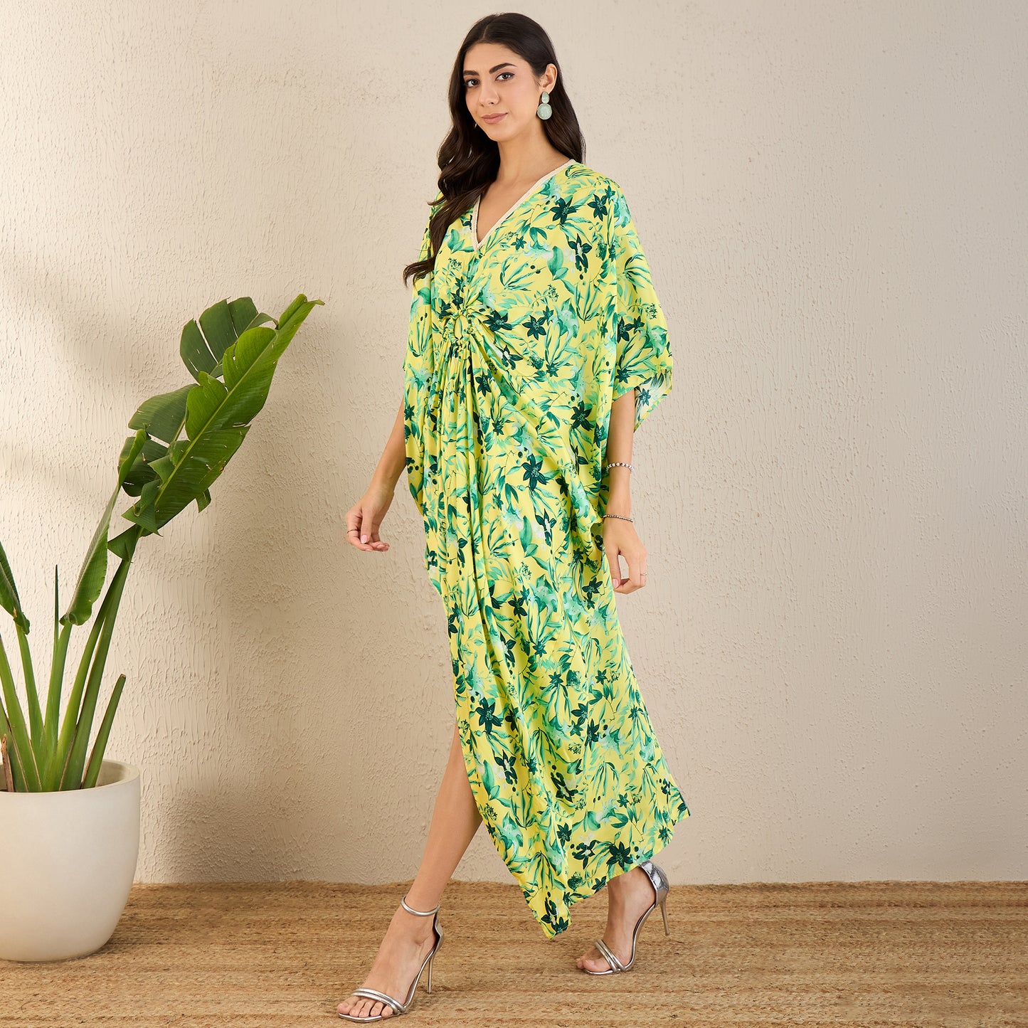 Yellow and Lime Green Floral Full Length Kaftan