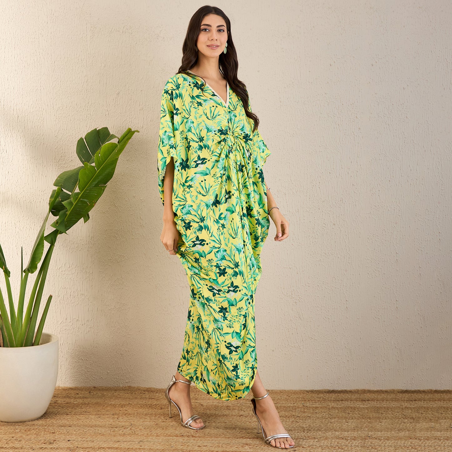 Yellow and Lime Green Floral Full Length Kaftan