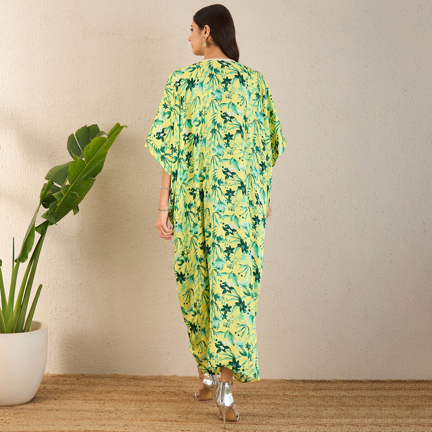 Yellow and Lime Green Floral Full Length Kaftan