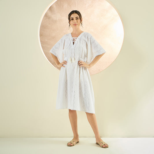 White Neck-Tie Eyelet Mid Length Kaftan