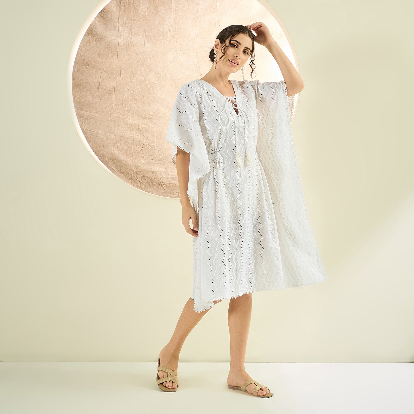 White Neck-Tie Eyelet Mid Length Kaftan