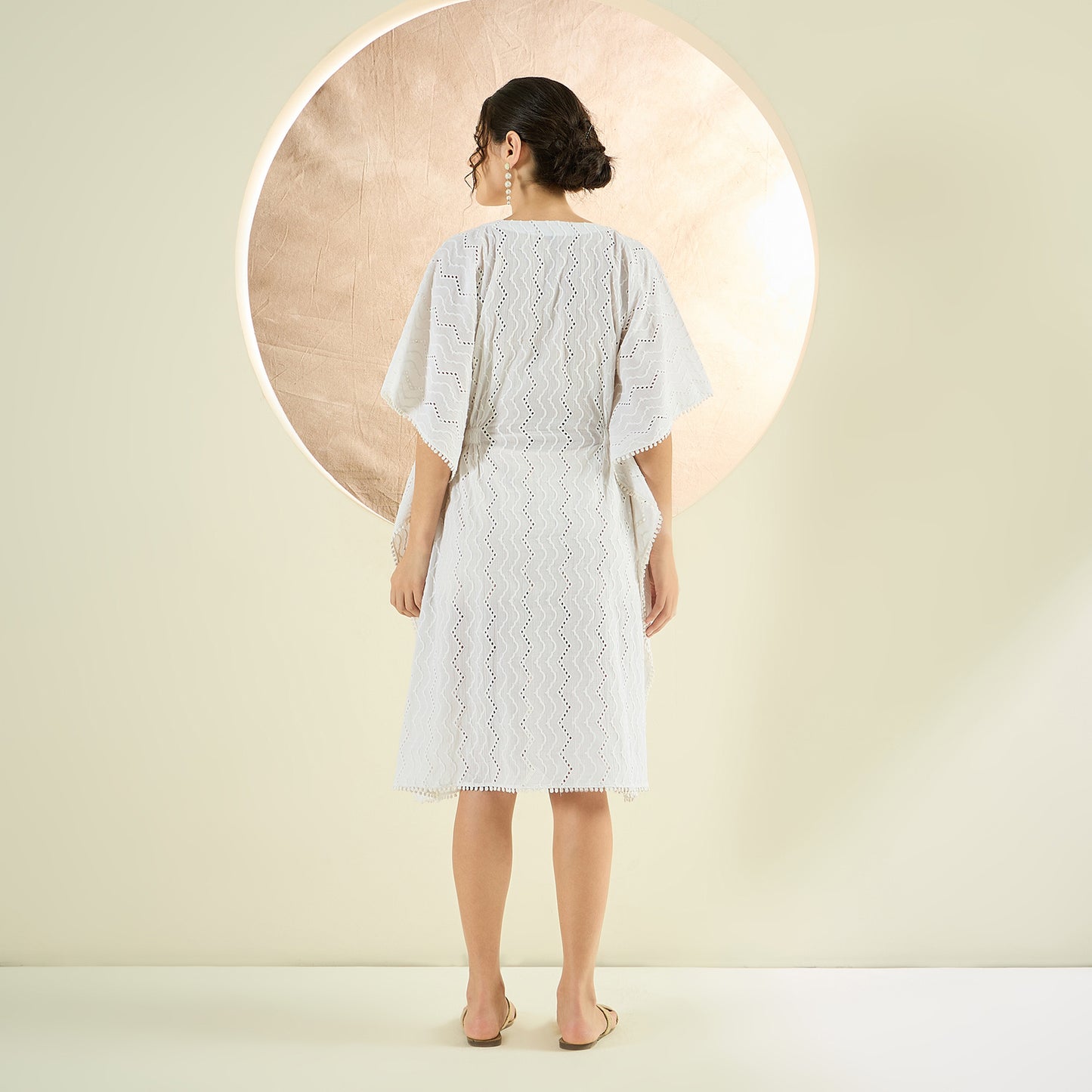 White Neck-Tie Eyelet Mid Length Kaftan