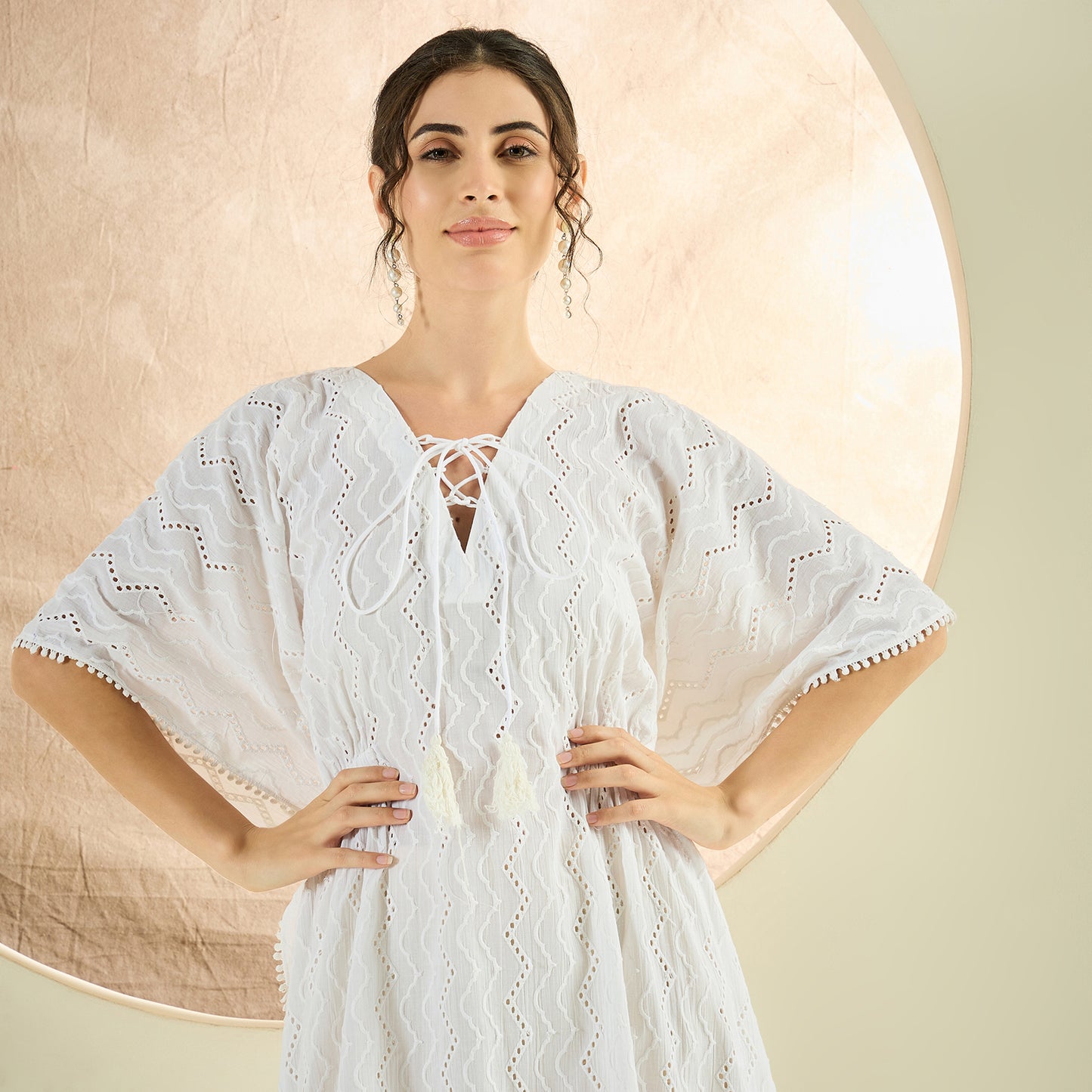 White Neck-Tie Eyelet Mid Length Kaftan