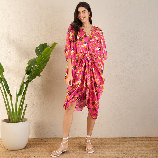 Fuchsia and Bronze Floral Mid Length Kaftan