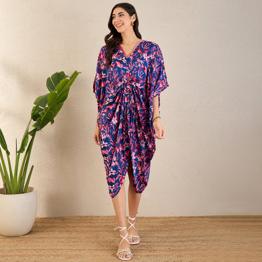 Midnight Blue and Scarlet Floral Mid Length Kaftan