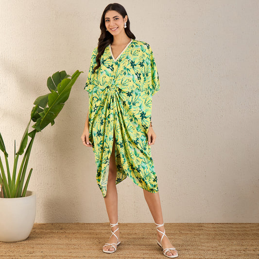 Yellow and Lime Green Floral Mid Length Kaftan