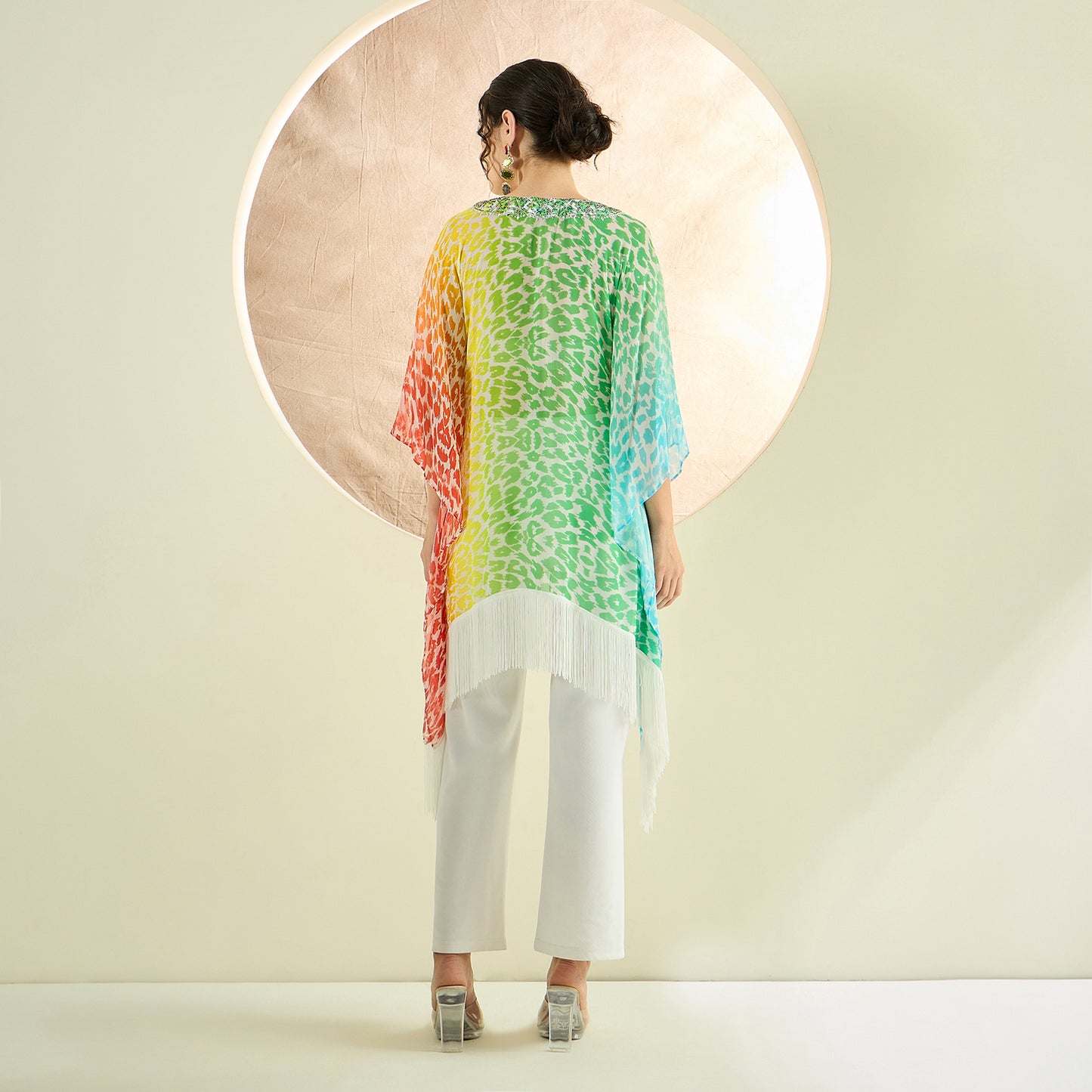 Multicoloured Embellished Animal Print Kaftan Top