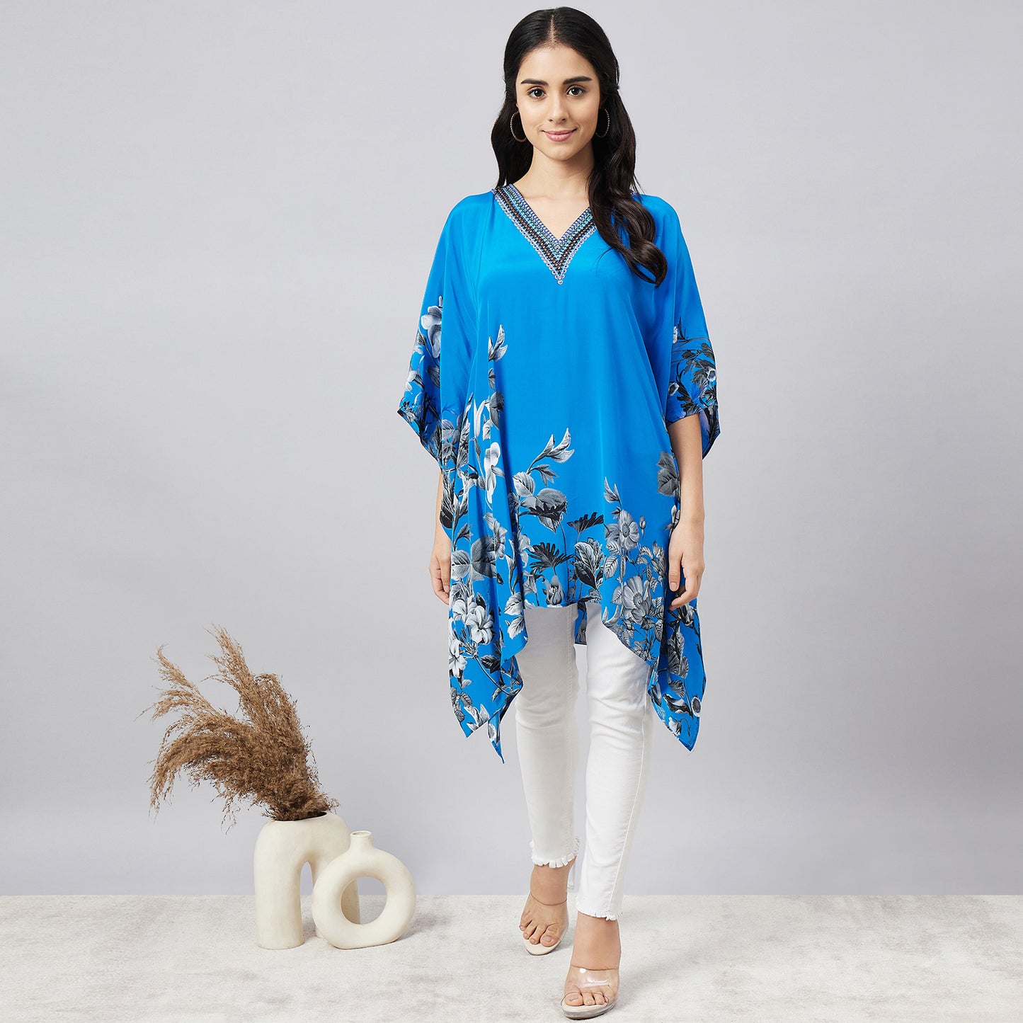 Azure Blue Embellished Floral Kaftan Top