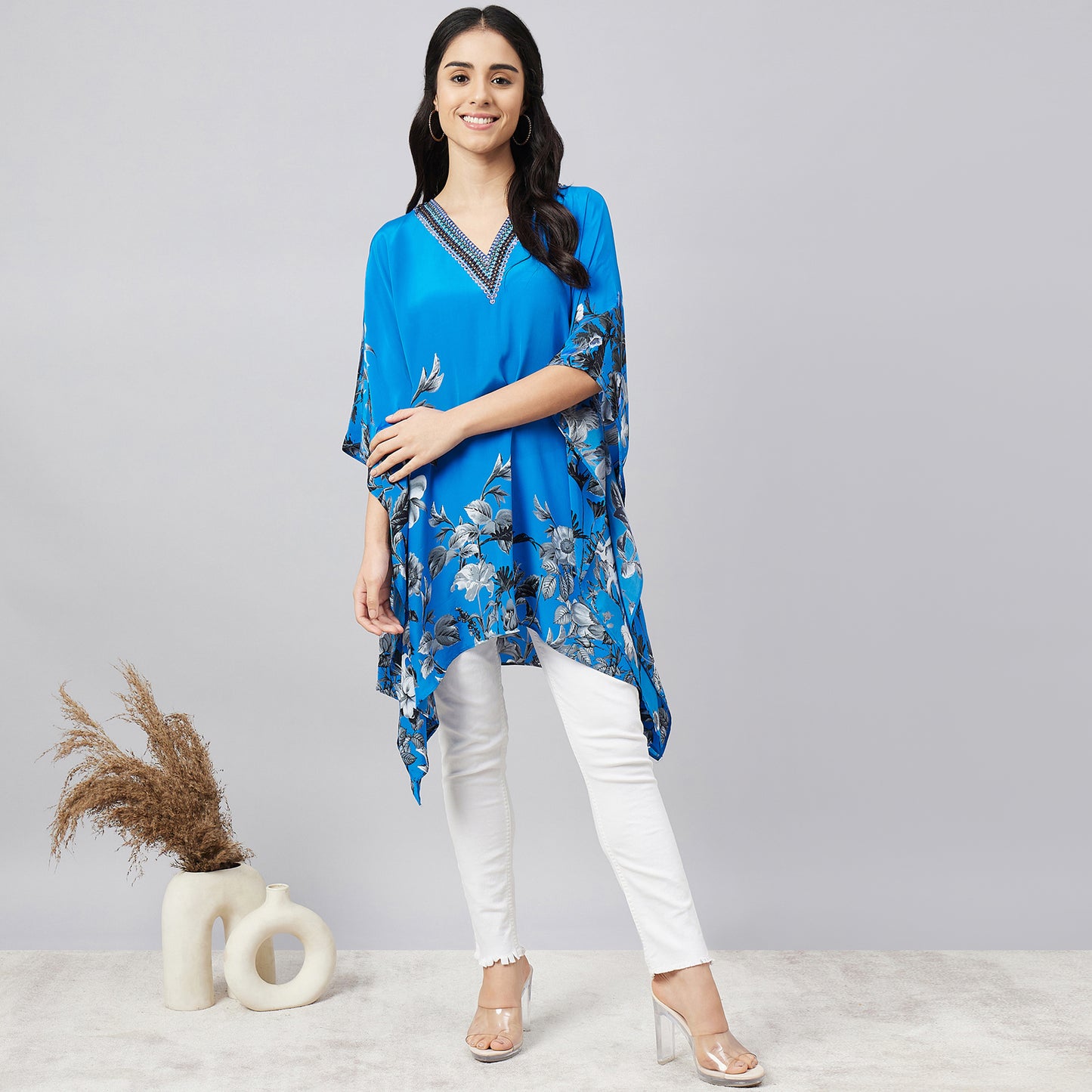 Azure Blue Embellished Floral Kaftan Top