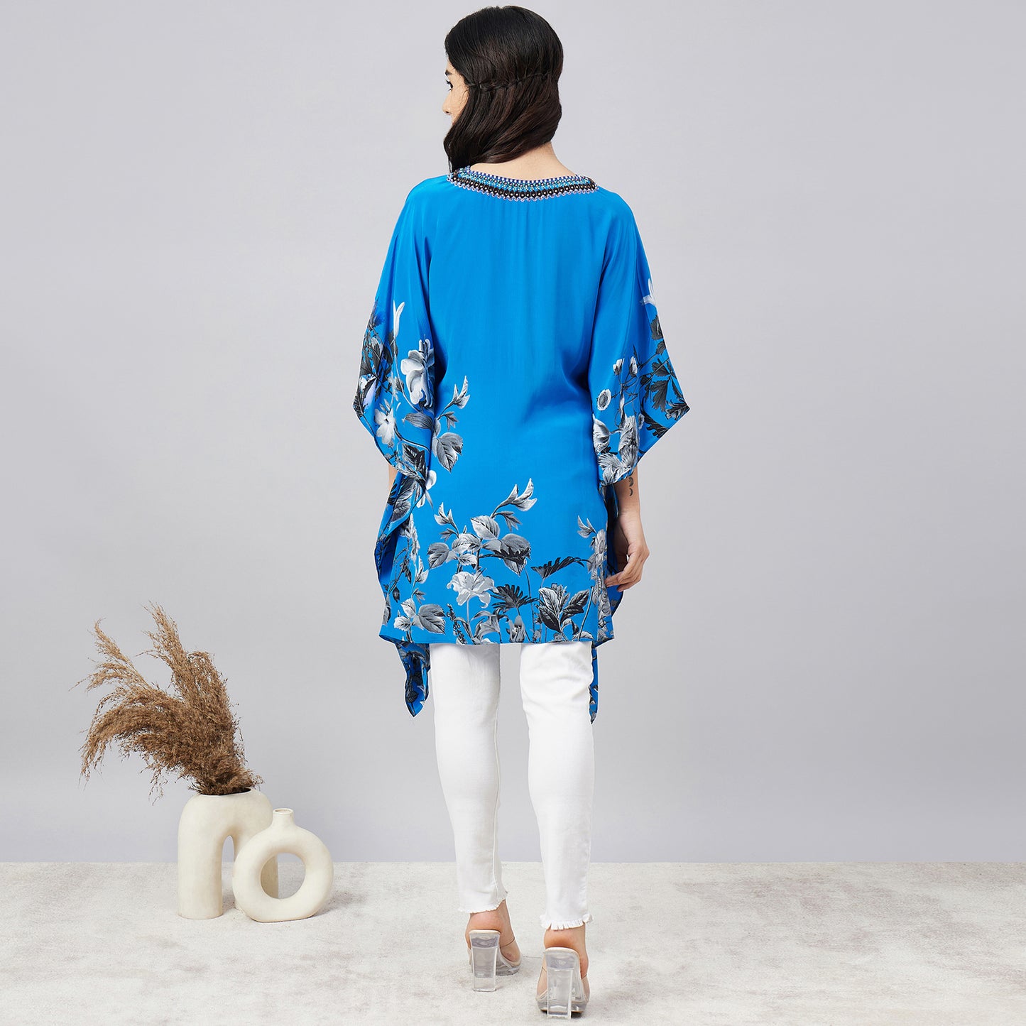 Azure Blue Embellished Floral Kaftan Top