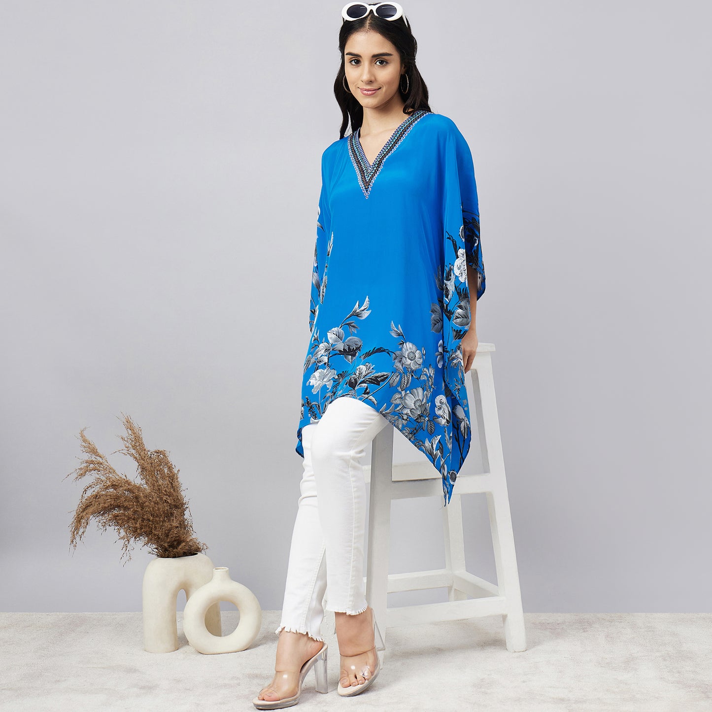 Azure Blue Embellished Floral Kaftan Top