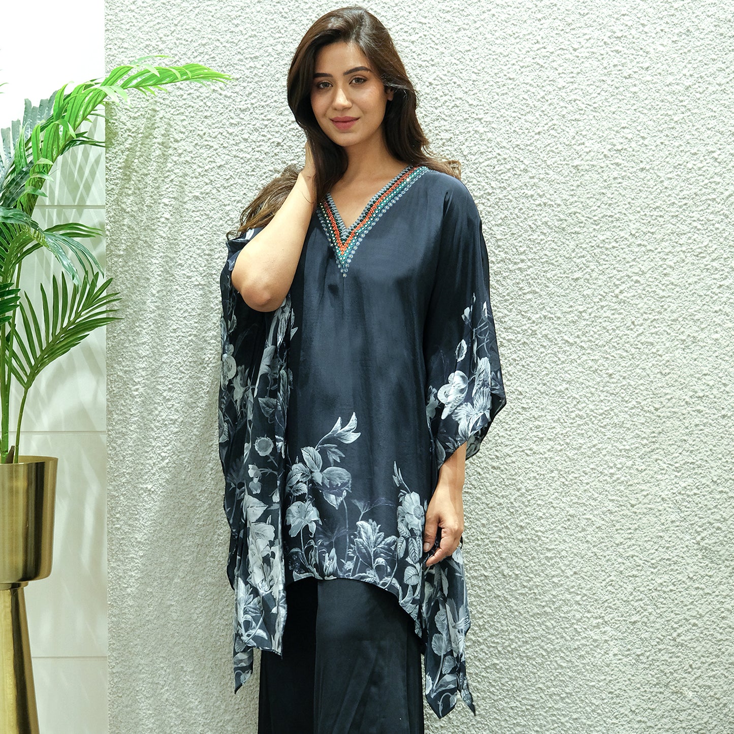 Black Embellished Floral Kaftan Top