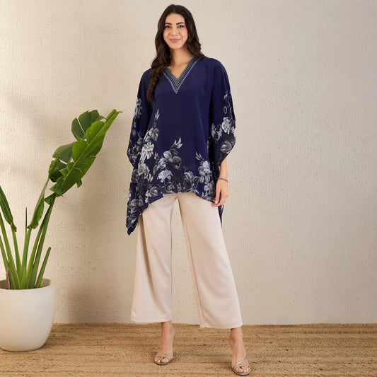 Dark Blue Embellished Floral Kaftan Top