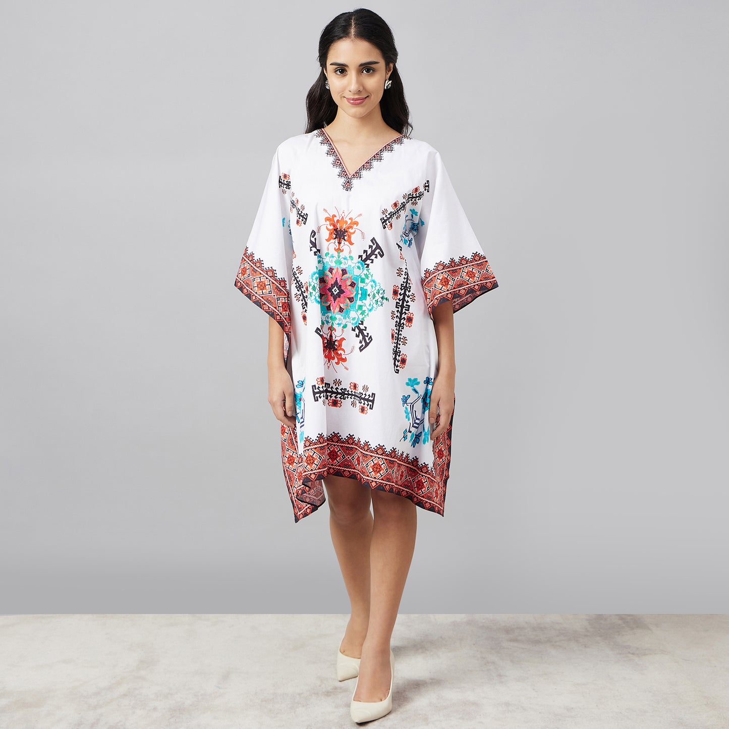 White and Blue Mosaic Print Kaftan Top