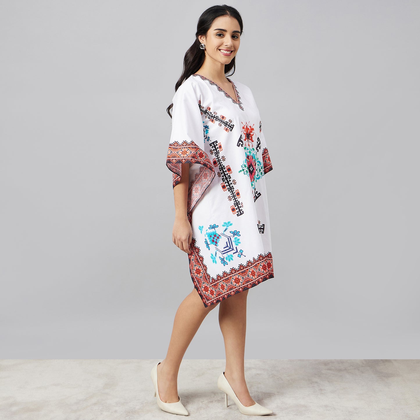 White and Blue Mosaic Print Kaftan Top