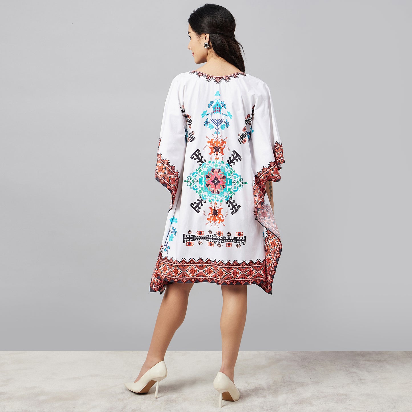 White and Blue Mosaic Print Kaftan Top