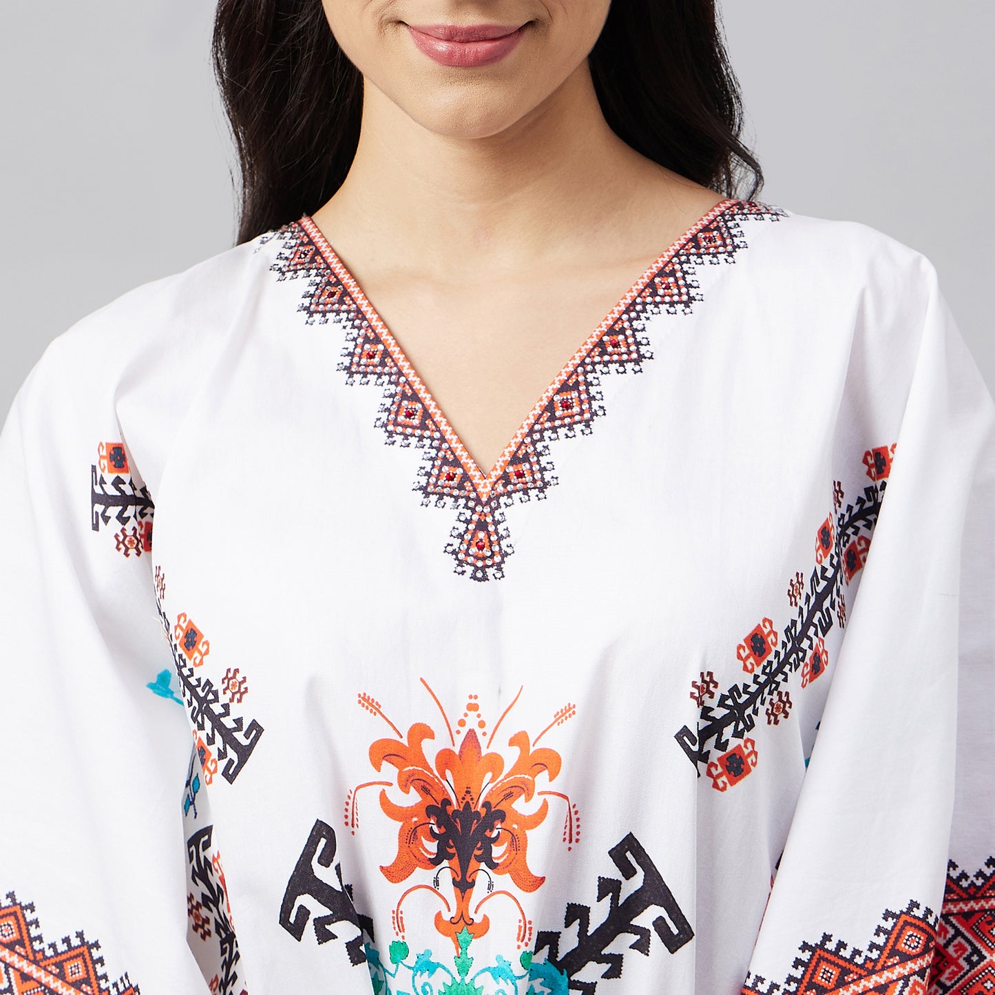 White and Blue Mosaic Print Kaftan Top