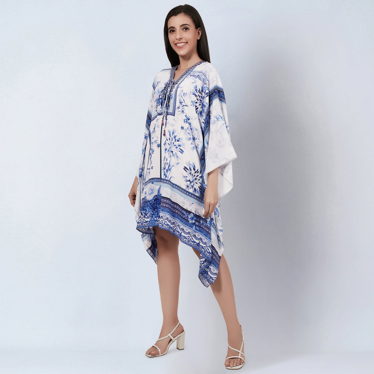 White and Blue Embellished Floral Print Kaftan Tunic