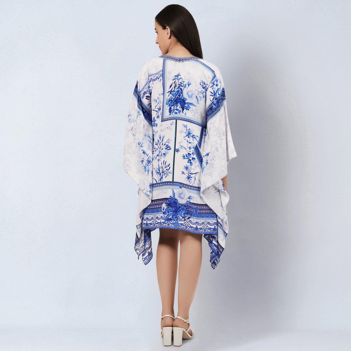 White and Blue Embellished Floral Print Kaftan Tunic