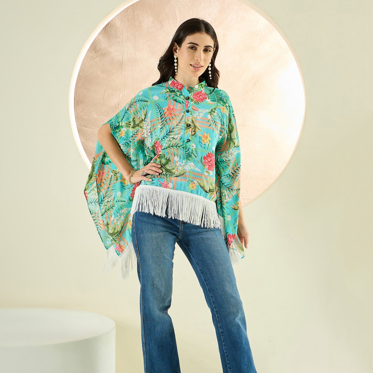 Cyan Blue and Green Jungle Print Kaftan Top