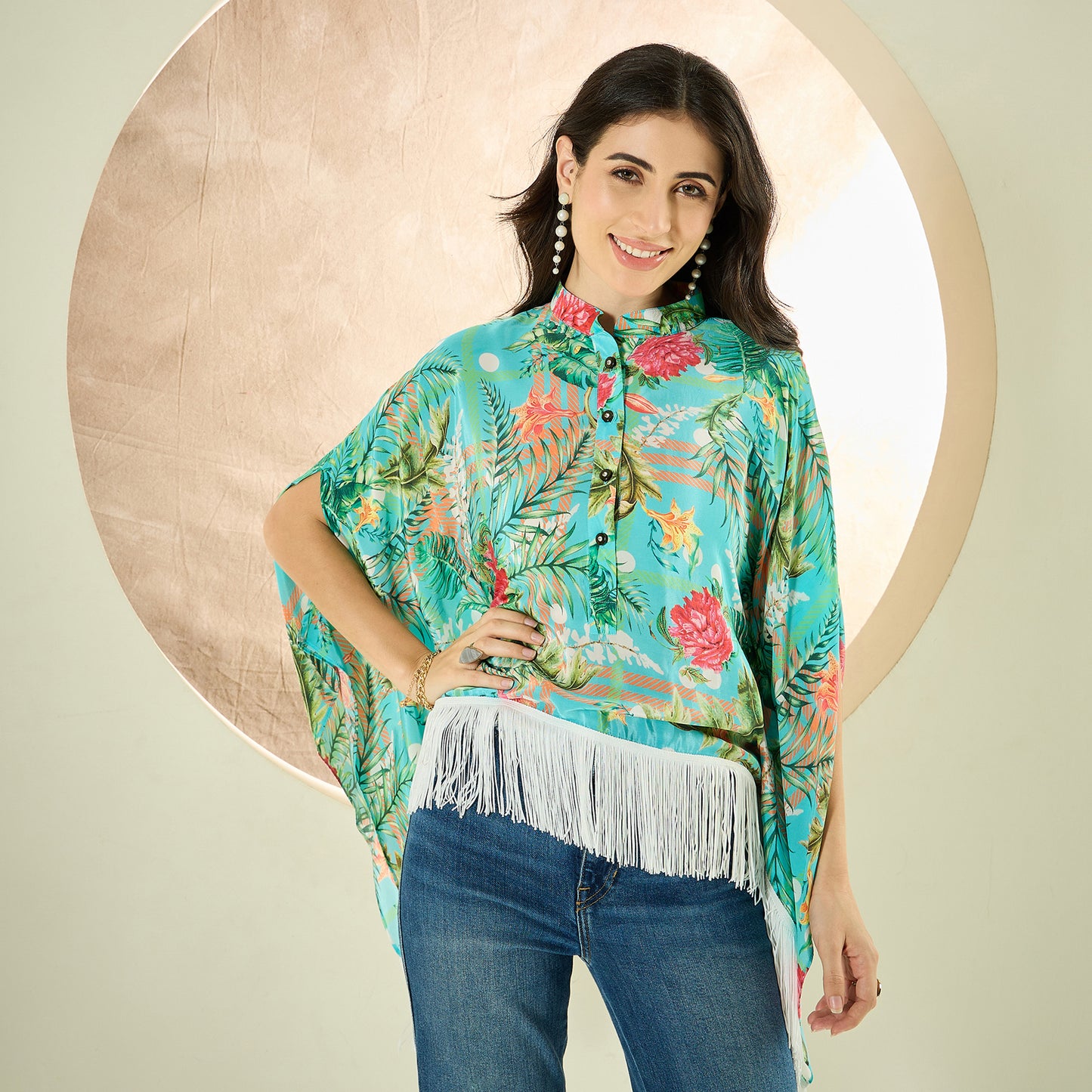 Cyan Blue and Green Jungle Print Kaftan Top