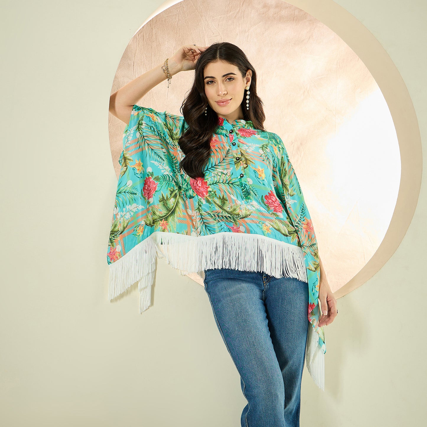 Cyan Blue and Green Jungle Print Kaftan Top