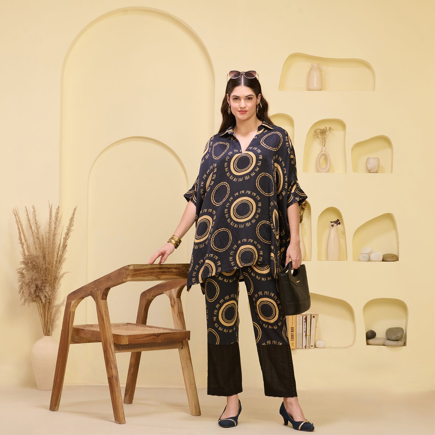 Black and Golden Maa Print Embellished Kaftan Top