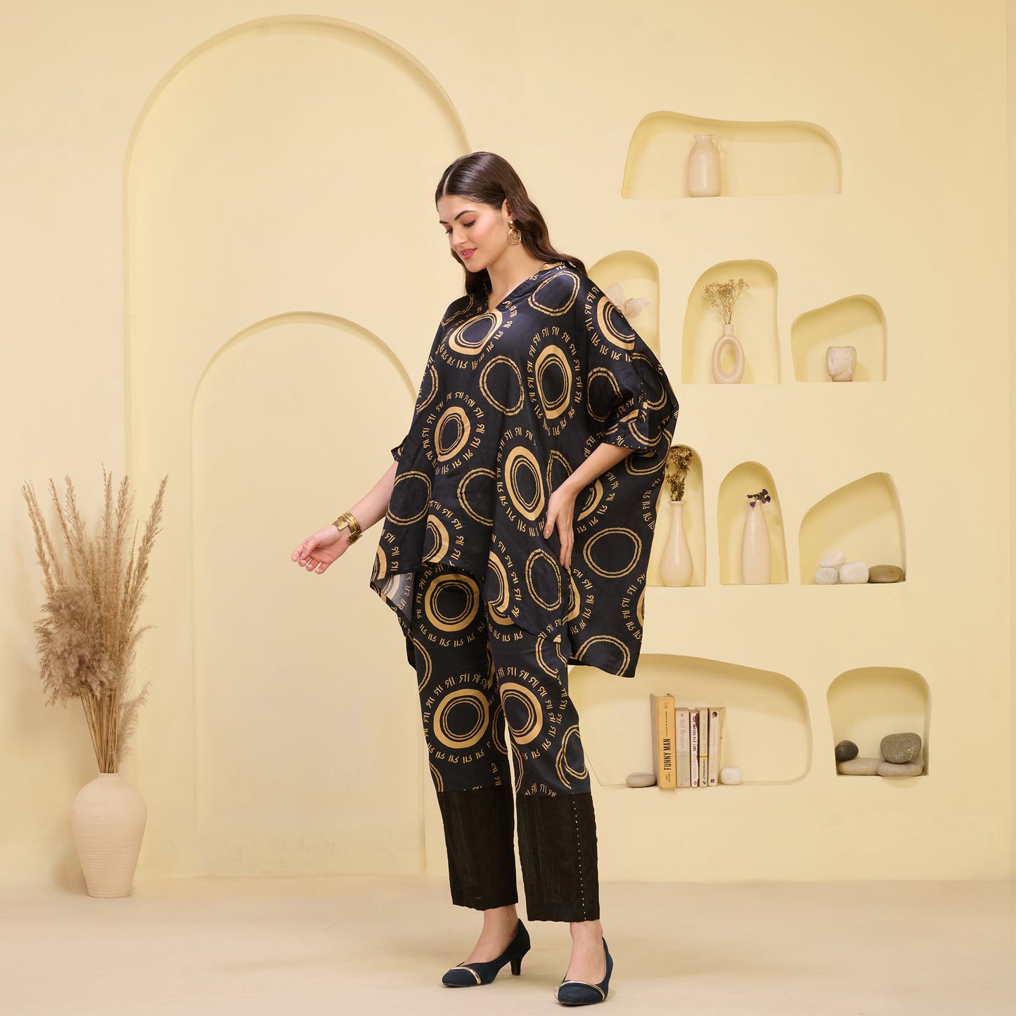 Black and Golden Maa Print Embellished Kaftan Top