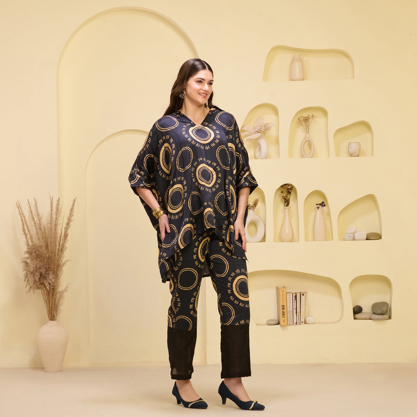 Black and Golden Maa Print Embellished Kaftan Top