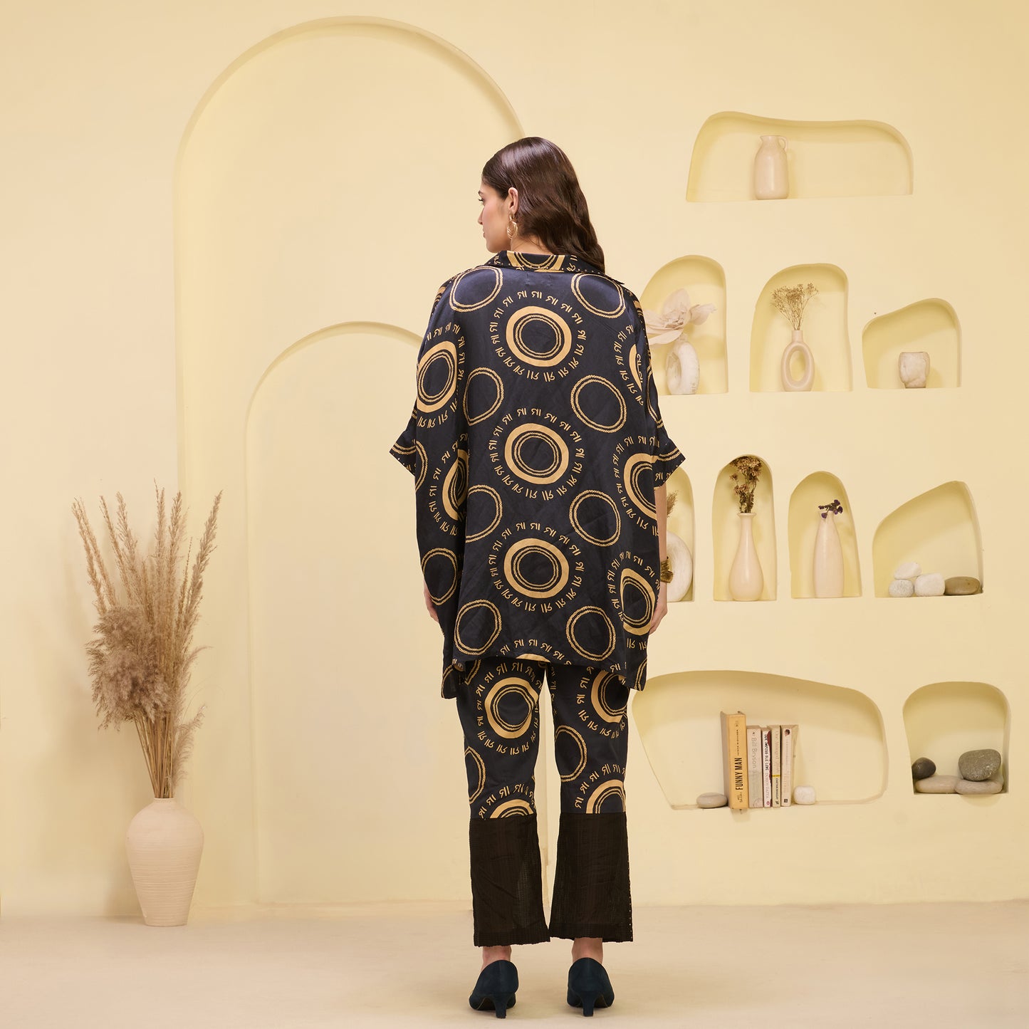 Black and Golden Maa Print Embellished Kaftan Top